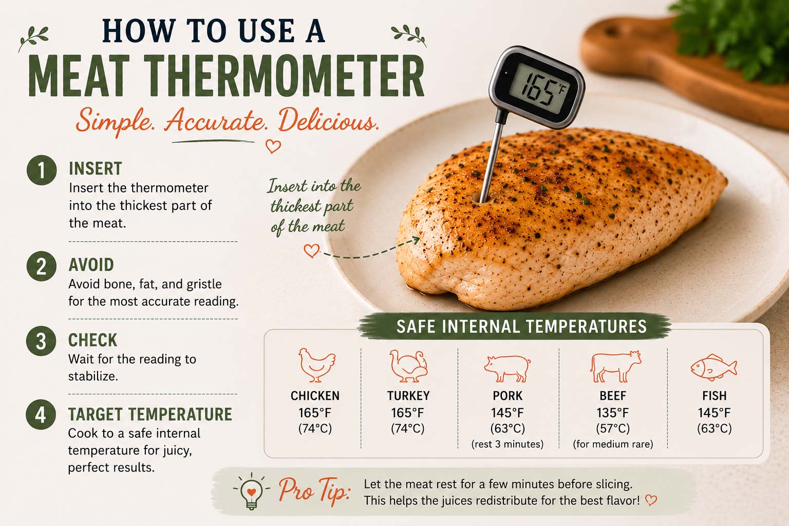 How to use a meat thermometer. A chicken breast with a meat thermometer inserted in the thickest part. Avoid bone, fat and gristle for an accurate reading. Chicken - 165, turkey - 165, pork 145, beef 135 (for medium rare), fist 145.
