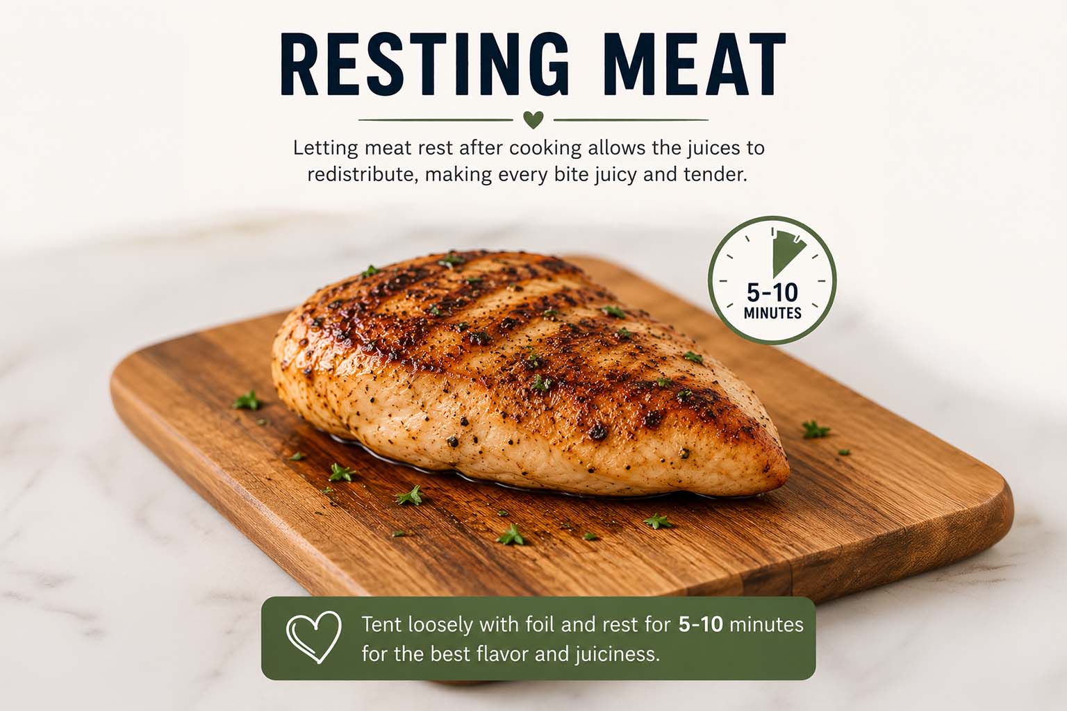 Chicken on a cutting board resting. Letting meat rest after cooking allows the juices to redistribute making every bite juicy and tender.