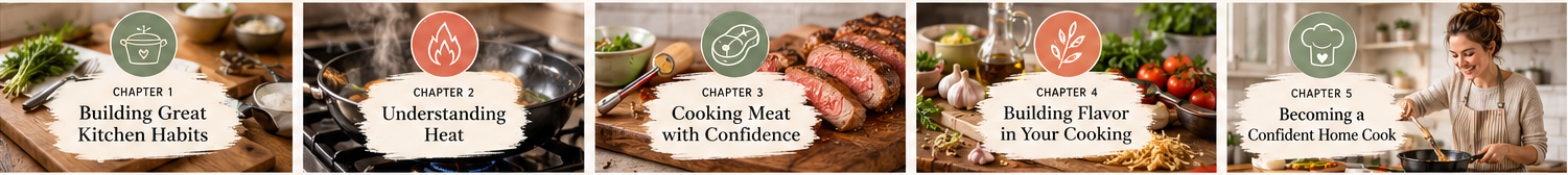 5 images inline - chapter 1 Building great kitchen habits, chapter 2 understanding heat, chapter 3 cooking meats with confidence, chapter 4 building flavor in your cooking, chapter 5 becoming a confident home cook.