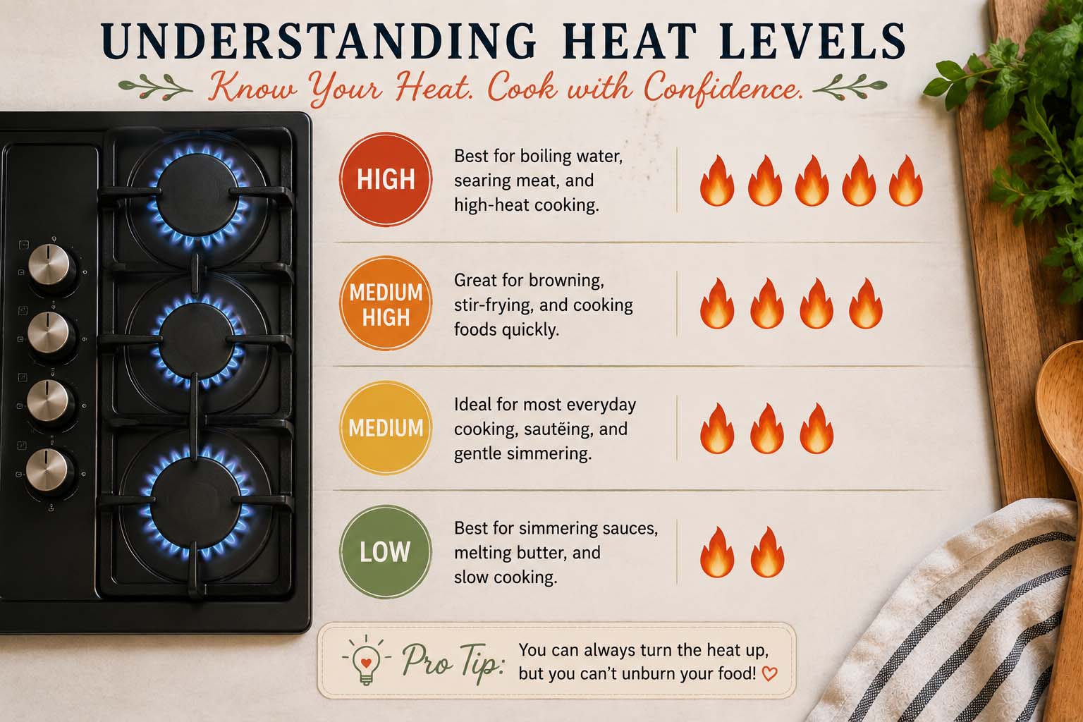 Understanding heat levels high, medium high, medium and low. A graphic with flames to demonstrate the heat level for each one.