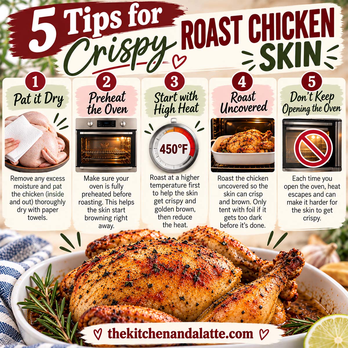 5 Tips for crispy roast chicken skin informational graphic. Pat it dry - remove excess moisture and pat the chicken inside and out thoroughly with paper towels. Preheat the oven - make sure it is up to temp. Start with high heat - roast at a higher temp at first to help the skin get crispy. Reduce heat after 10 minutes. Roast chicken uncovered so the skin can crisp and brown. Oly tent with foil if it gets too dark. Keep oven door closed - each time you open the oven heat escapes and can make it harder for the skin to get crispy.