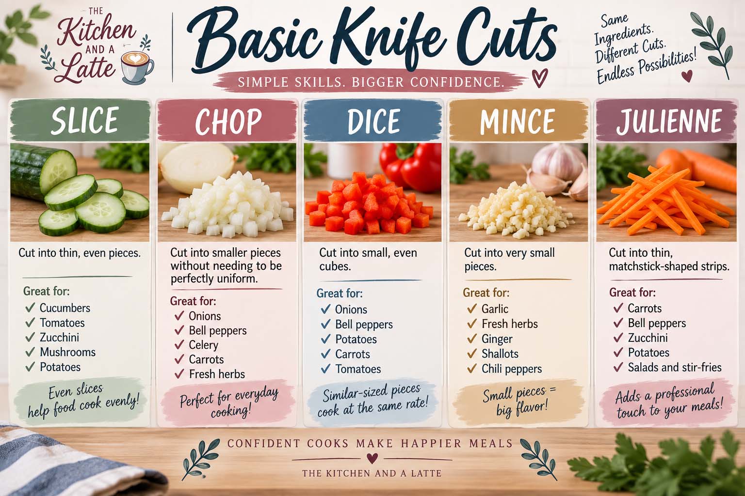 Basic knife cuts, a graphic demonstrating slice, chop, dice, mince and julienne.