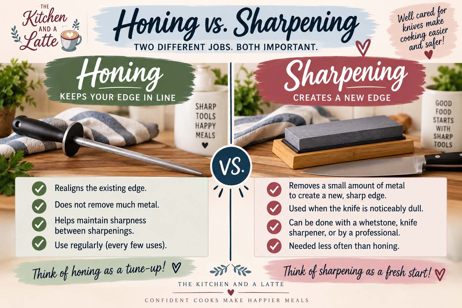 Graphic demonstrating the difference between honing (keeping the edge in line) and sharpening (creates a new edge.)