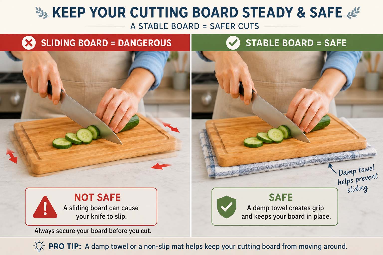 Keep your cutting board steady and safe. A graphic showing a cutting board sliding while cutting vs a damp towel under a cutting board to help keep it in place.