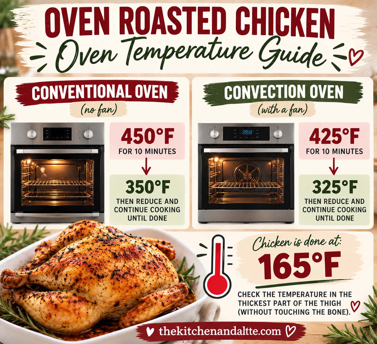 Oven roasted chicken oven temperature guide. Conventional (no fan) 450 degrees F for 10 minutes, reduce to 350 degrees F until chicken is done. Convection (with fan) 425 degrees for 10 minutes then reduce to 325 degrees F until done cooking. Chicken is done at 165 degrees F.