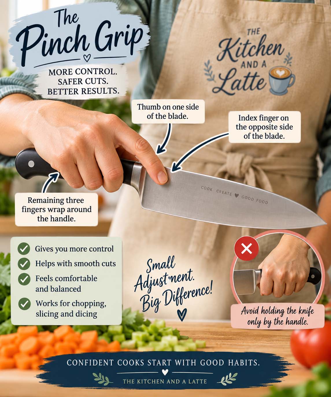 Graphic demonstrating the pinch grip for holding a knife. 3 fingers around the handle, pointer on one side of the blade and thumb on the other for more control of the knife.