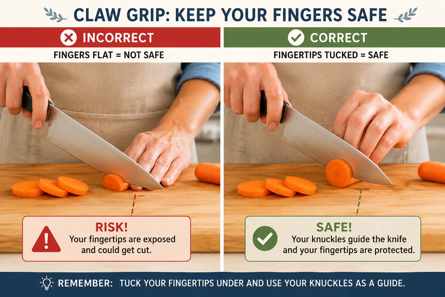 Graphic demonstrating the right way to hold food you are cutting (fingers tucked in claw grip) vs the wrong way to hold the food (fingers flat.)