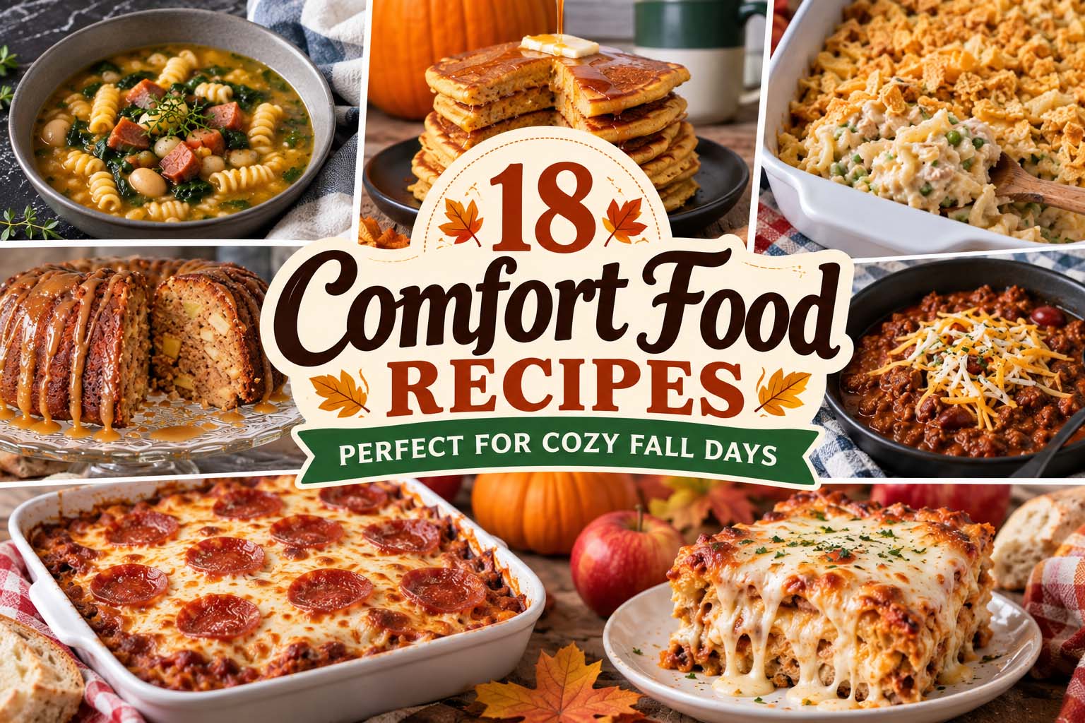 Featured image text -18 comfort food recipes perfect for cozy fall days. Pictured are pizza lasagna, apple cake chili, tuna casserole, pancakes, and kielbasa soup.