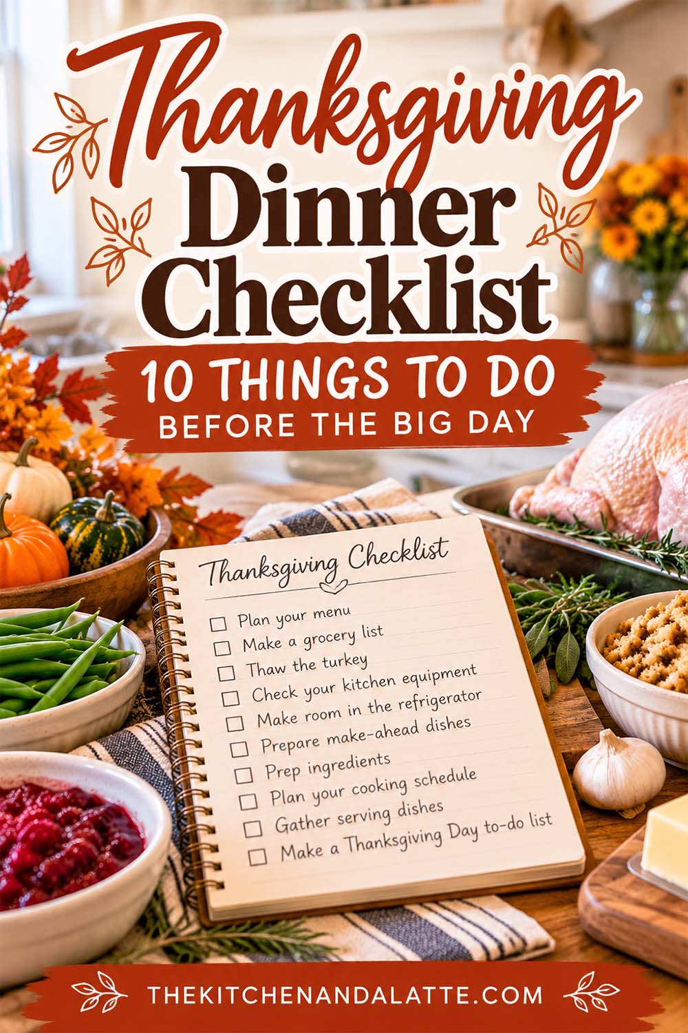 Pinterest graphic - thanksgiving dinner checklist 10 things to do before the big day.