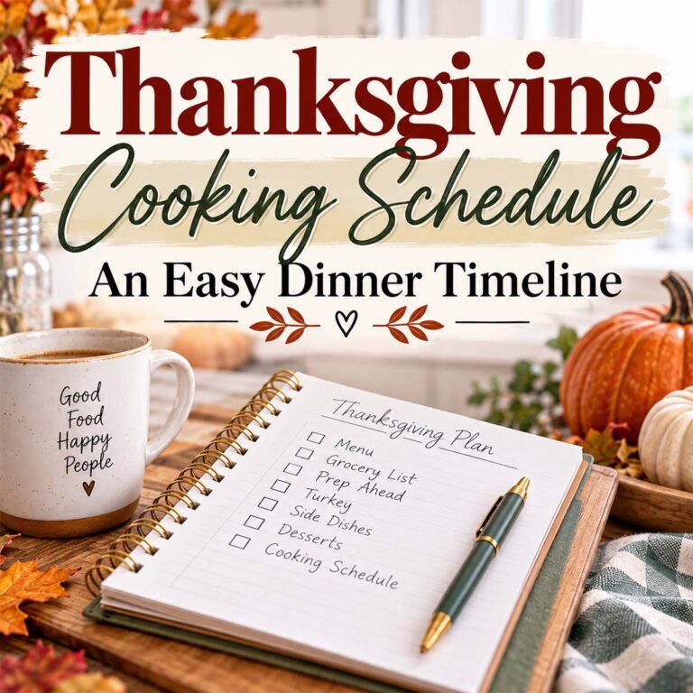 Featured image - Thanksgiving cooking schedule. An easy dinner timeline with a notebook and pen on the table.