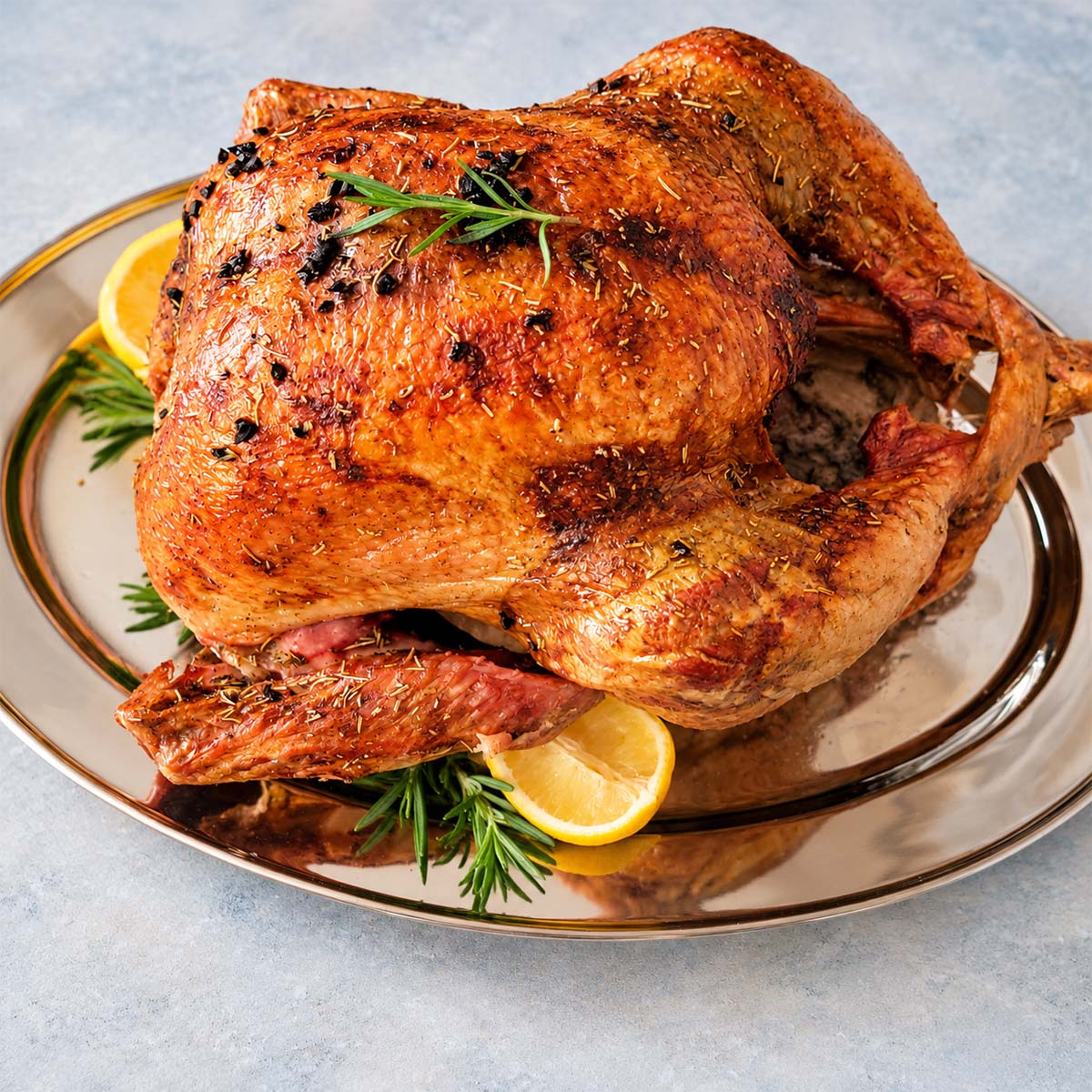 side picture of a roast turkey with perfectly browned skin on a plate ready to be cut and served.